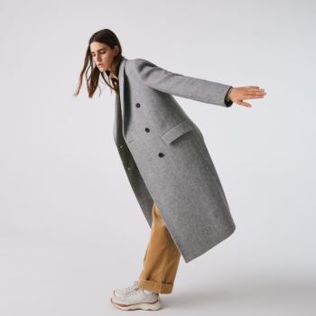 Lacoste Double-Breasted Chevron Long Wool Blend Coat Dámské - Kabáty Bílé / Šedé | CZ-WnEoLg